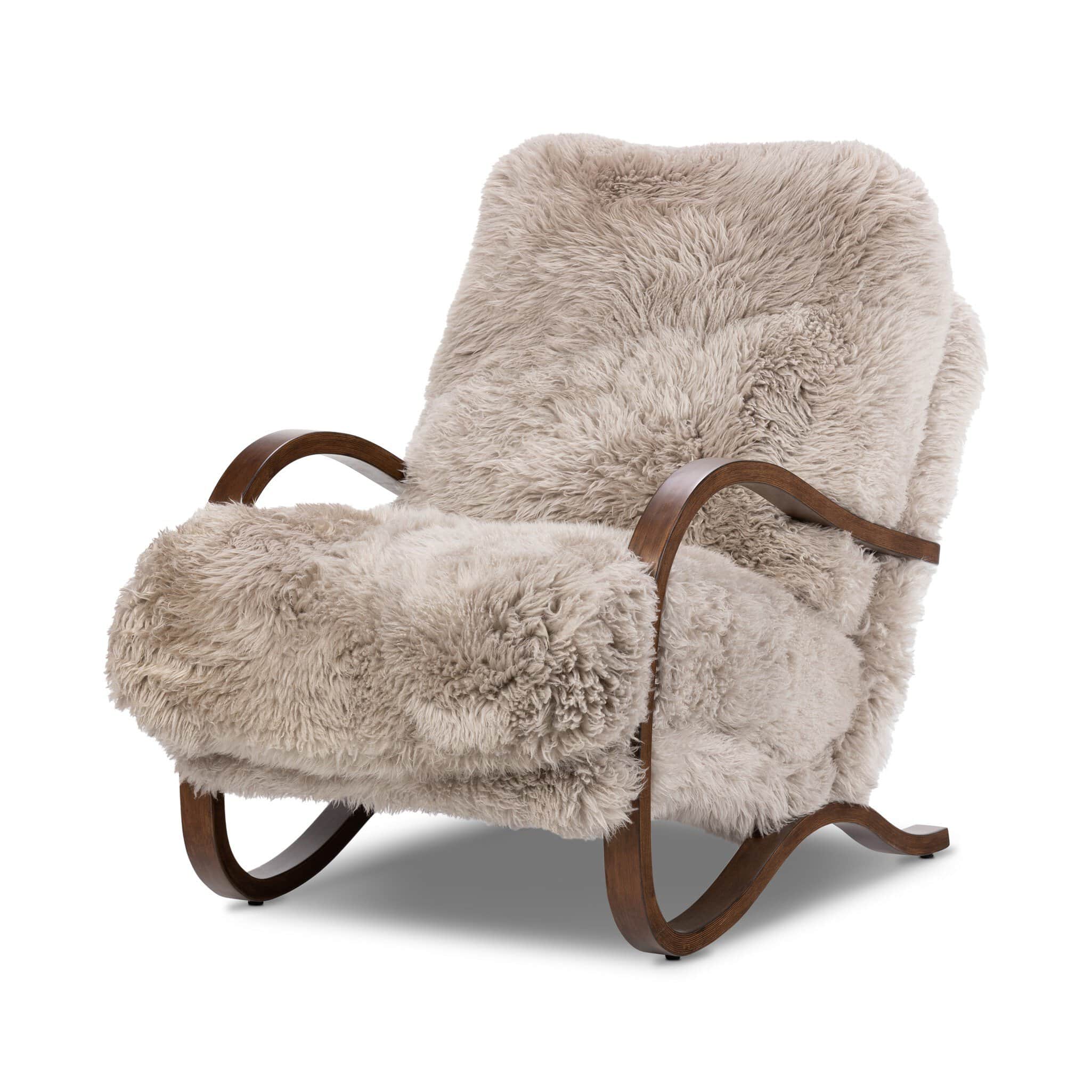 A plush, high-backed armchair featuring a curved wooden frame and a thick, textured sheepskin uphols… — free OBJ 3D model