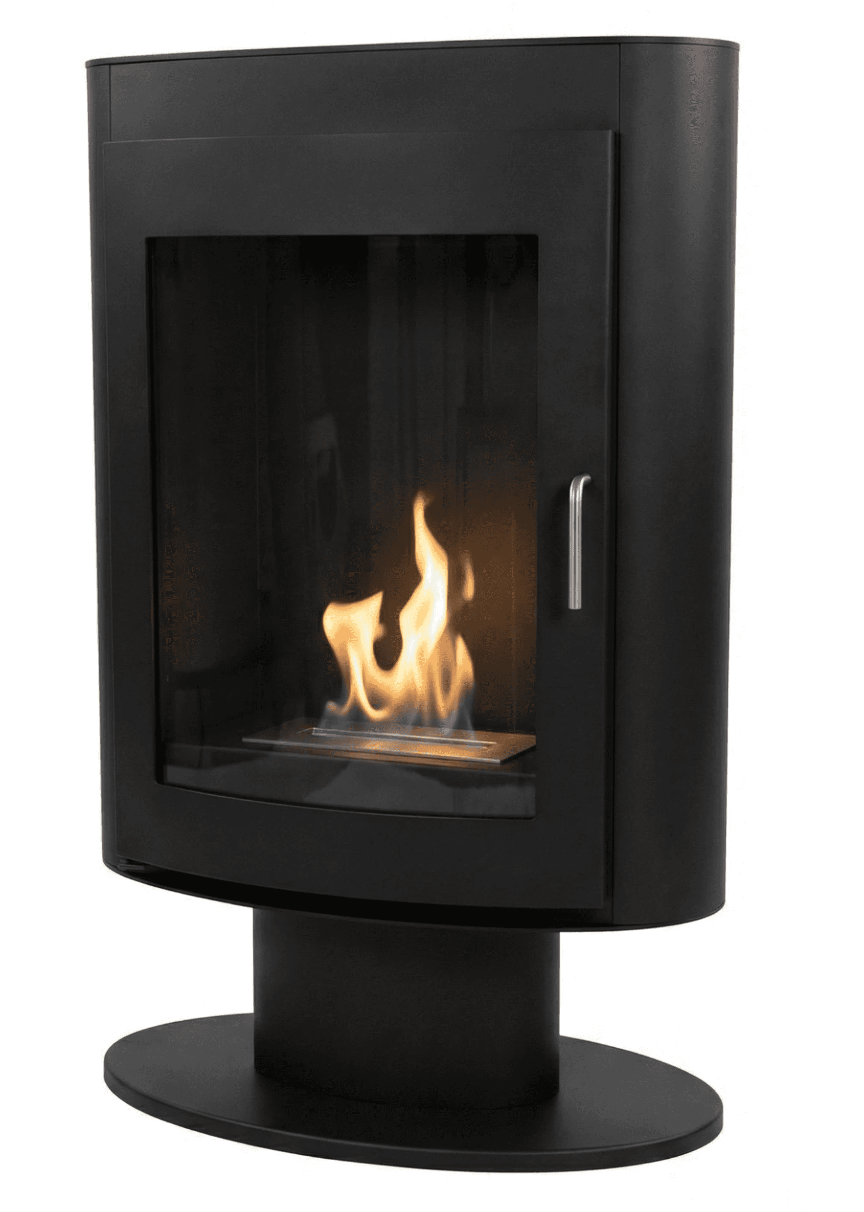 A freestanding black fireplace with a curved front panel and a glass door. It is elevated on a cylin… — 3D model