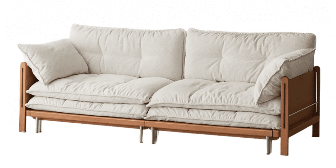 A contemporary three-seater sofa featuring a robust light-toned wooden frame and generously padded,… — free GLTF 3D model