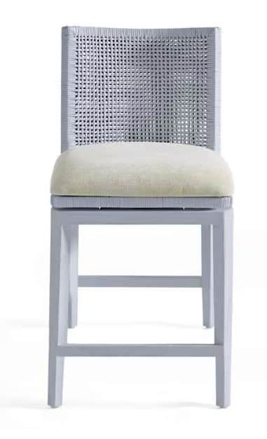 A light gray counter stool featuring a woven backrest and a beige upholstered seat cushion, set on a… — 3D model