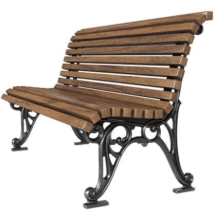 An outdoor park bench featuring a slatted wooden seat and backrest supported by ornate, dark grey or… — free STL 3D model