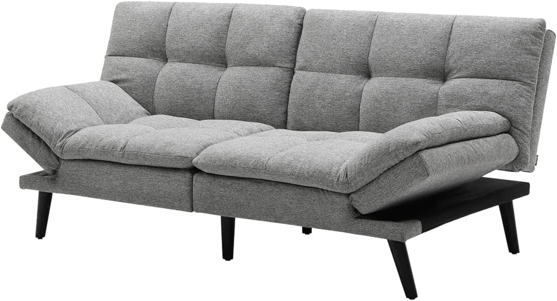A gray upholstered sofa bed with tufted back cushions and adjustable armrests/backrest. The sofa fea… — 3D model