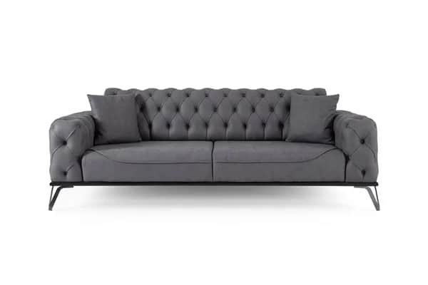 A contemporary charcoal grey two-seater sofa featuring deep button tufting on the backrest and arms,… — 3D model