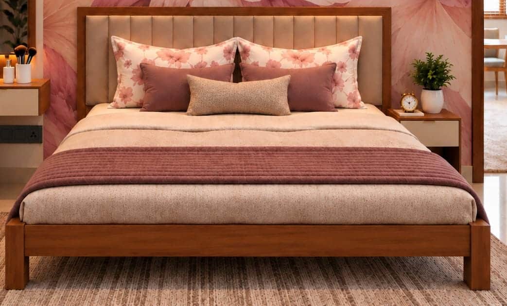 A contemporary platform bed featuring a warm-toned wooden frame and a padded, upholstered headboard… — free STL 3D model