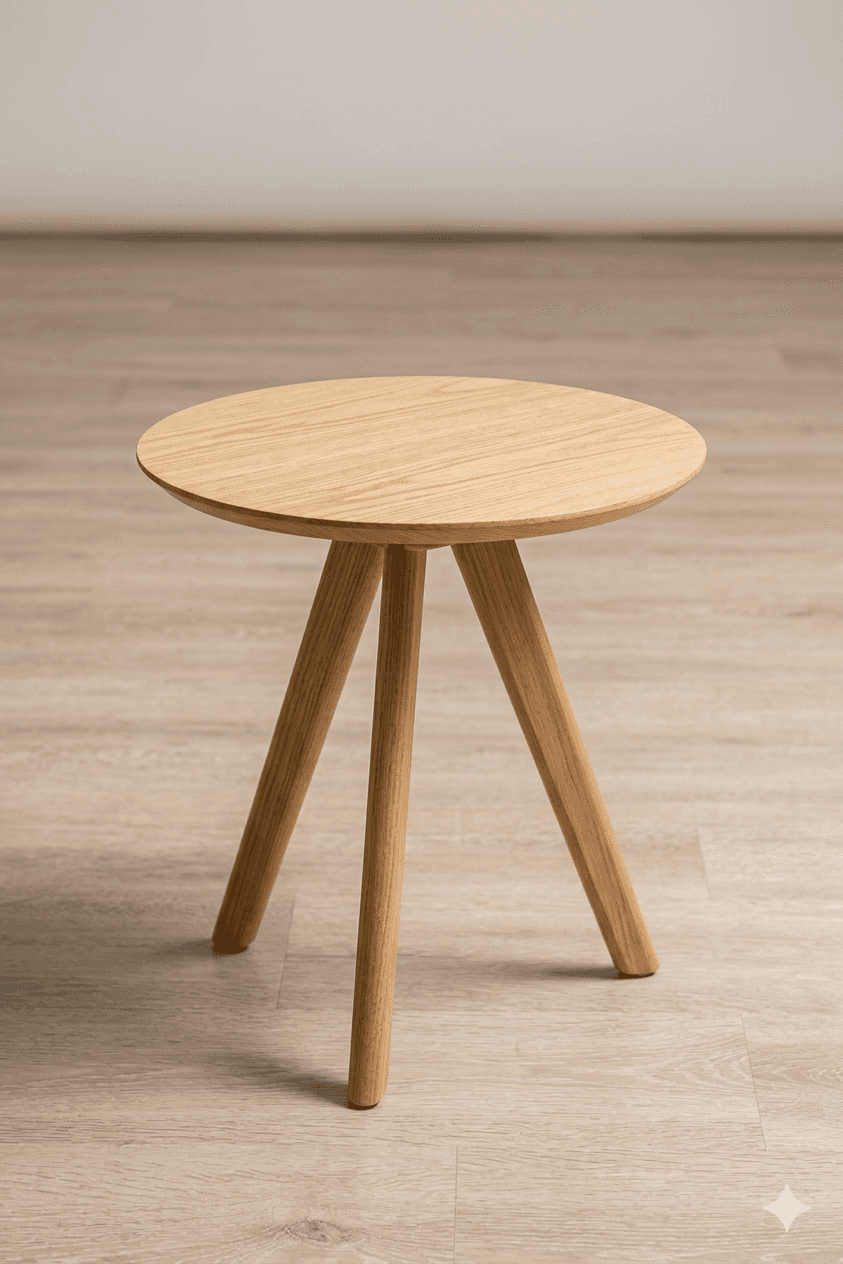A small, round side table with a light wood finish. It features a circular tabletop and three tapere… — 3D model