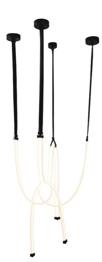 A modern lighting fixture featuring four black ceiling mounts with corresponding black suspension co… — 3D model