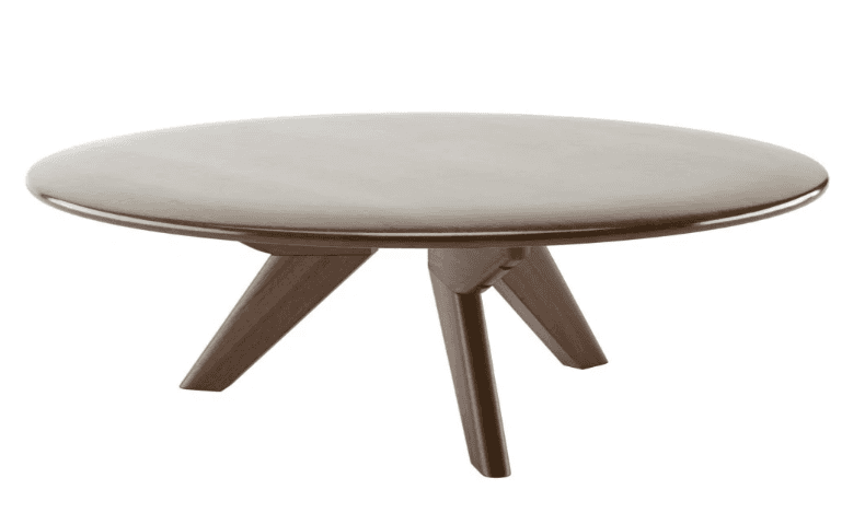 A dark wood, round coffee table with splayed, angled legs, characteristic of mid-century modern desi… — 3D model