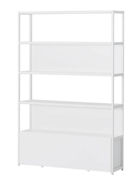 A tall, narrow, modern white shelving unit featuring an open metal frame and multiple shelves, with… — 3D model