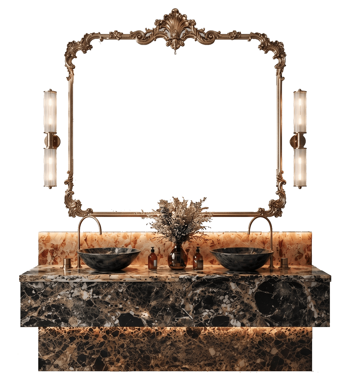 A luxurious double bathroom vanity ensemble featuring a dark marble countertop, two green vessel sin… — 3D model