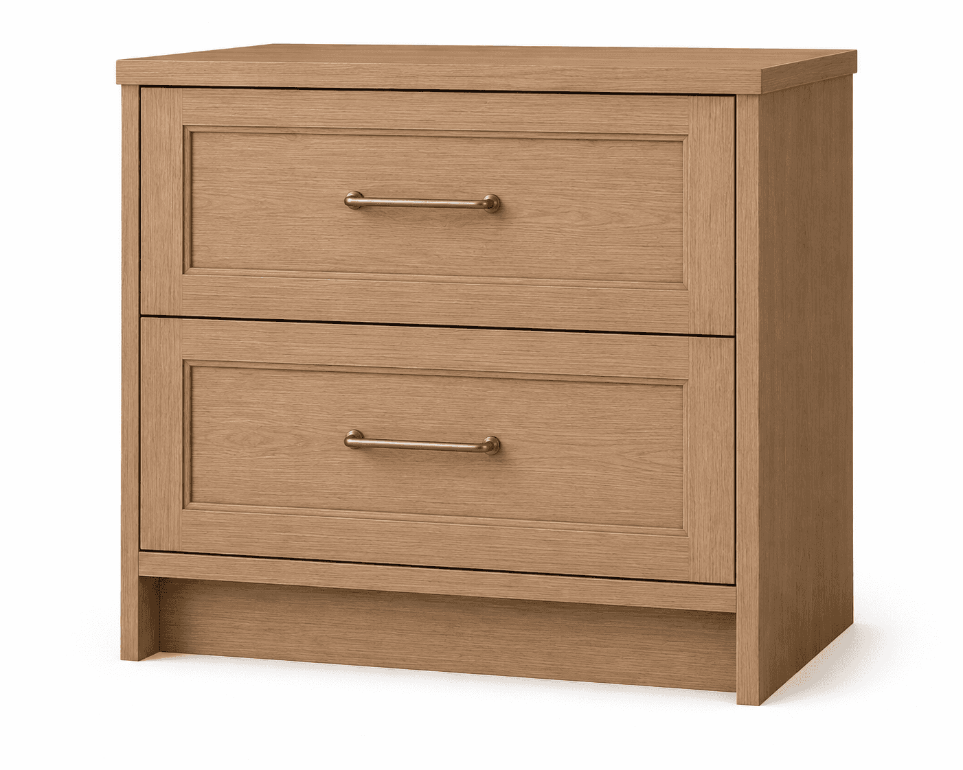 A light oak-colored nightstand featuring two drawers with recessed panel fronts and minimalist brass… — 3D model