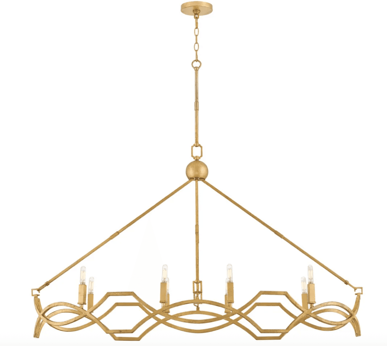 A modern linear chandelier featuring a gold-finished metal frame with a distinct geometric, wavy, an… — 3D model