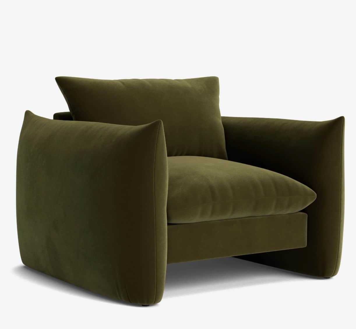A contemporary armchair upholstered in a plush, dark olive green fabric. The armchair features a dee… — free OBJ 3D model