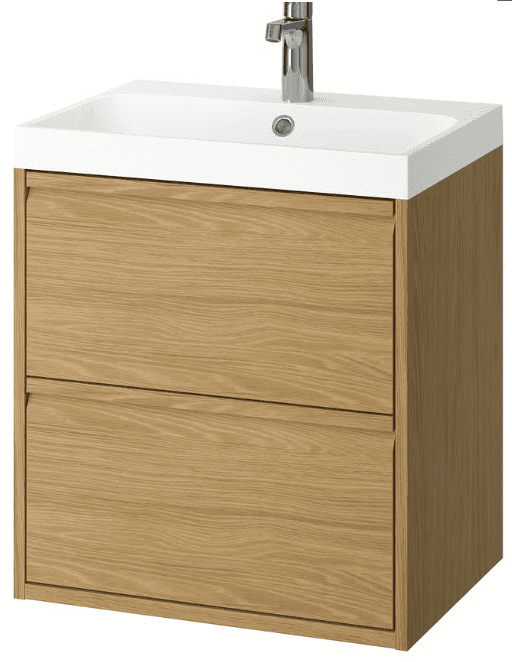 A modern bathroom vanity unit featuring a white ceramic sink integrated into a countertop. Below the… — 3D model
