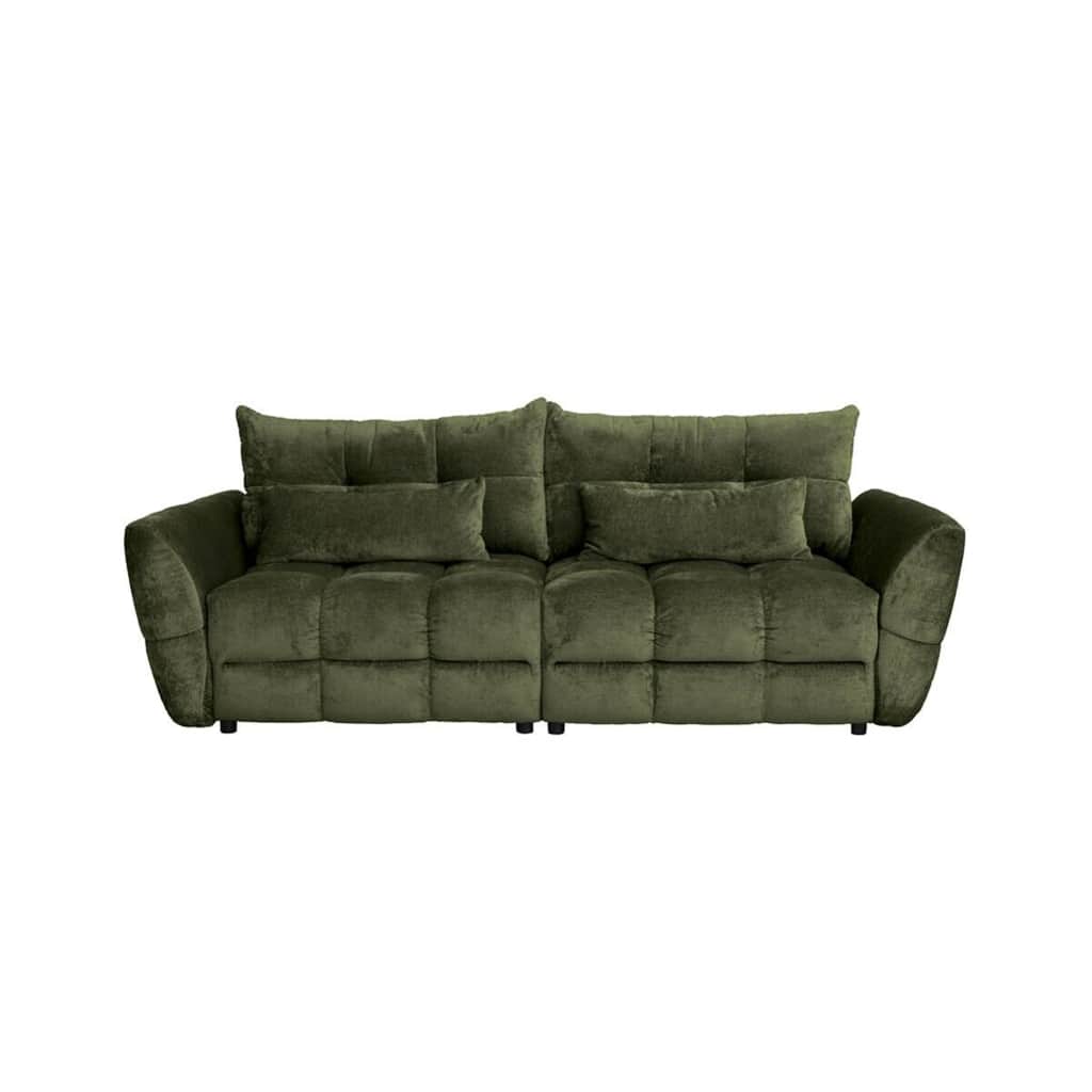 A modern sofa upholstered in a deep green fabric, featuring tufted seat cushions and plush back cush… — 3D model