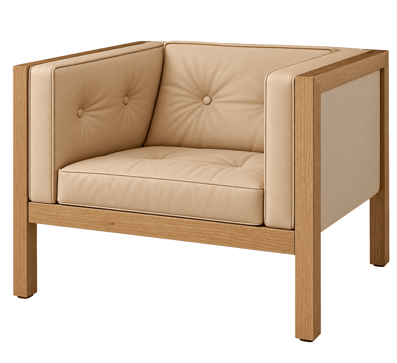 A contemporary armchair featuring an exposed light oak wood frame and light beige leather cushions w… — 3D model