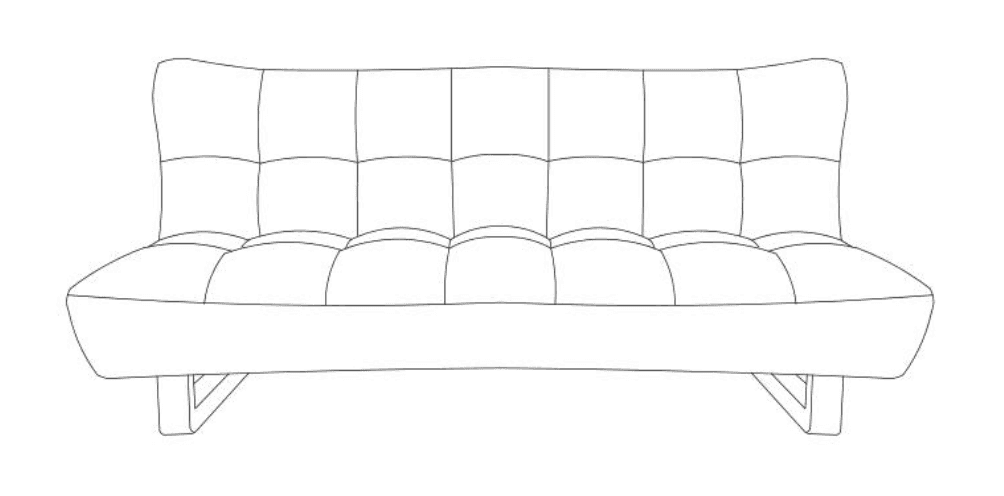 A modern futon sofa featuring gray fabric upholstery with square tufting across the backrest and sea… — 3D model