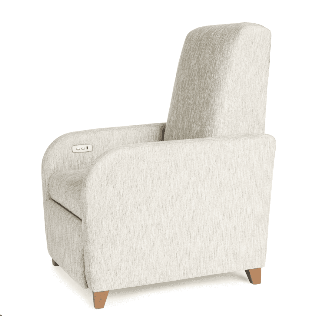 A modern upholstered recliner featuring a high back, broad track arms, and short, slightly tapered w… — 3D model