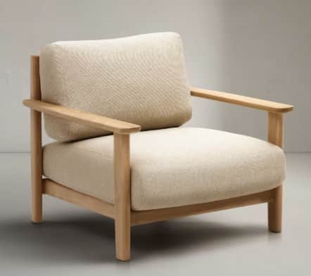 A modern armchair featuring a minimalist design with a natural wood frame and upholstered cushions.… — 3D model