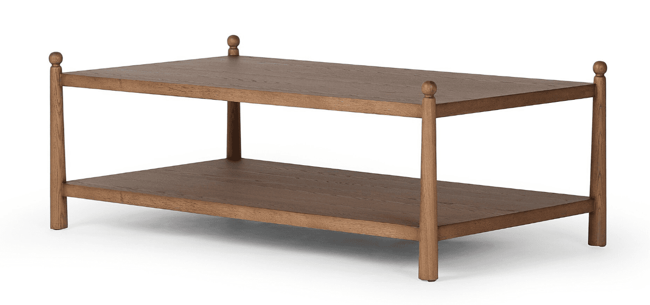 A rectangular two-tier coffee table constructed from wood with a dark brown finish. It features four… — 3D model