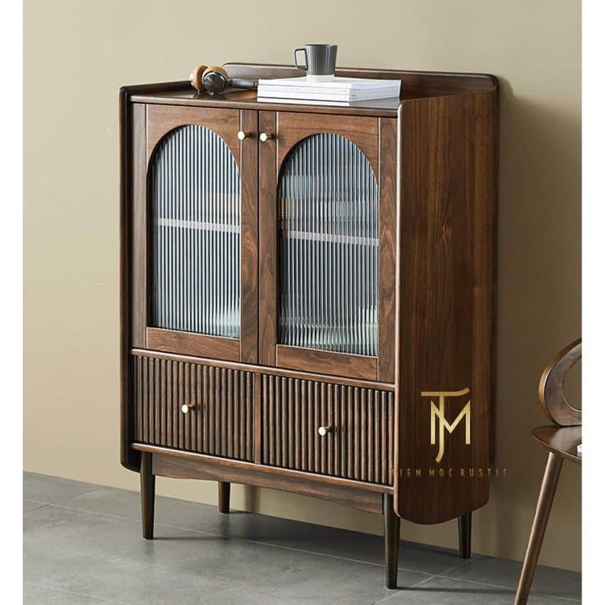 A dark brown wooden display cabinet featuring arched fluted glass doors in the upper section and ree… — 3D model