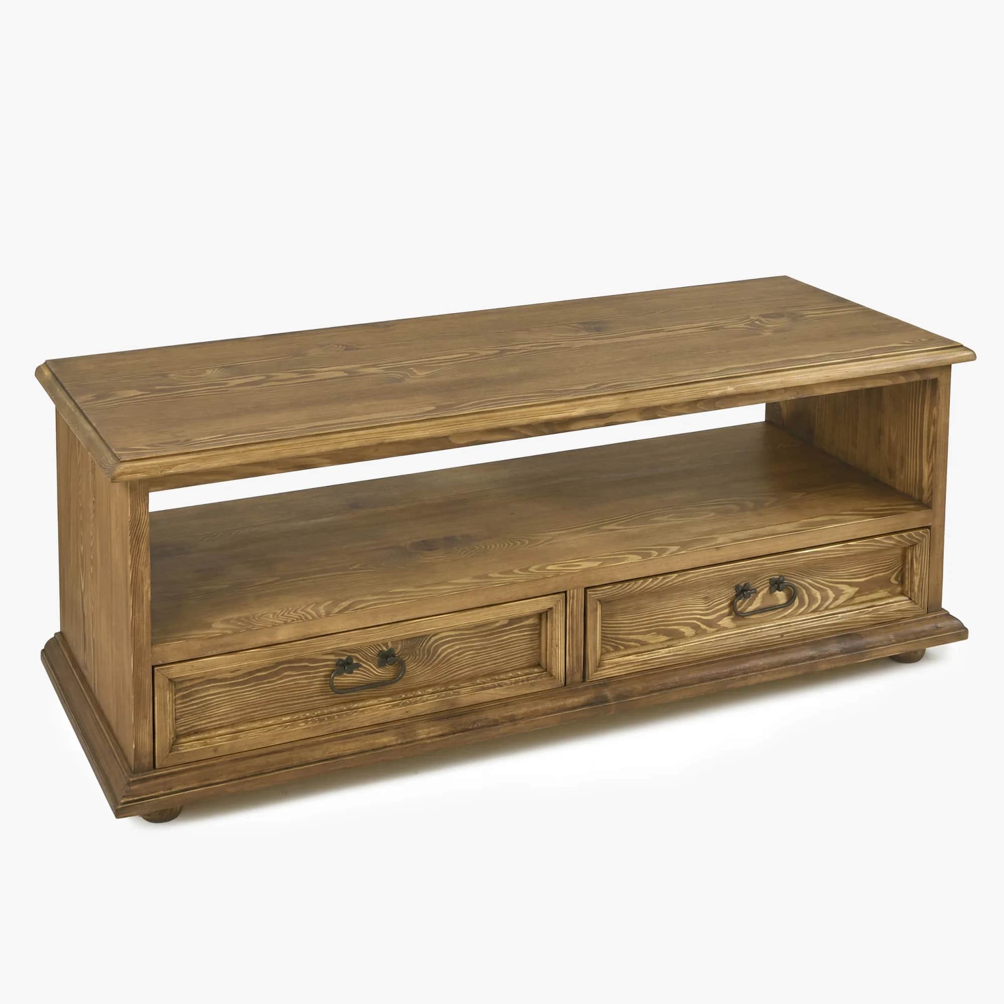 A rustic wooden media console featuring a rectangular top, an open storage shelf, and two drawers wi… — 3D model
