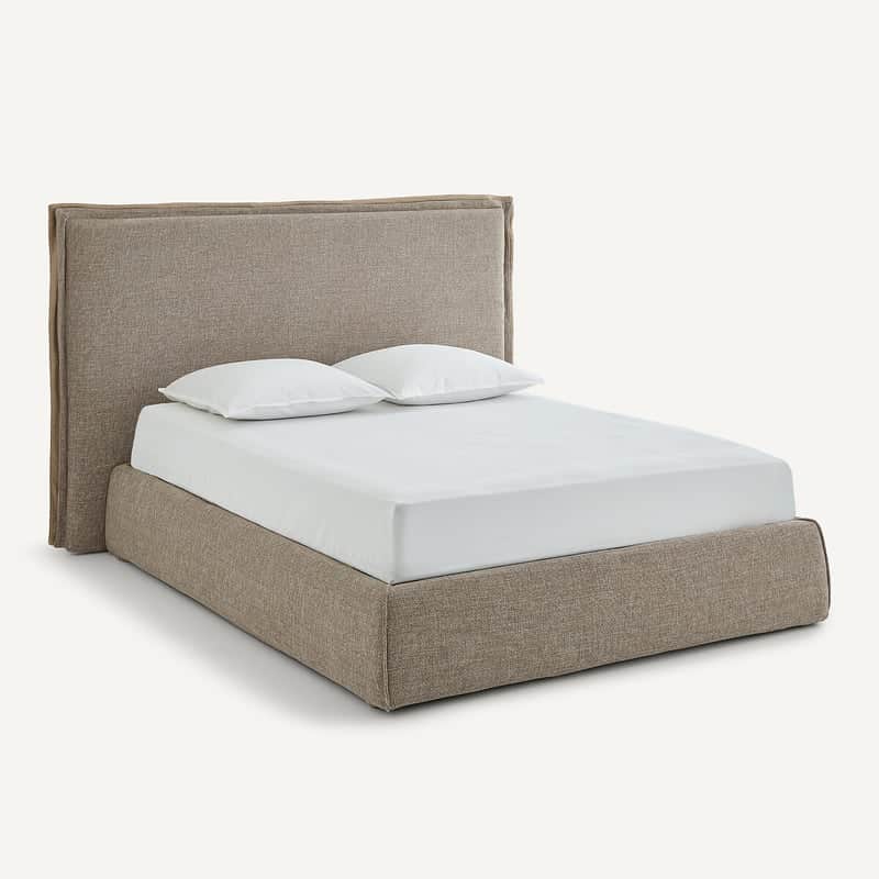 A contemporary low-profile platform bed featuring a fully upholstered frame and an integrated headbo… — 3D model