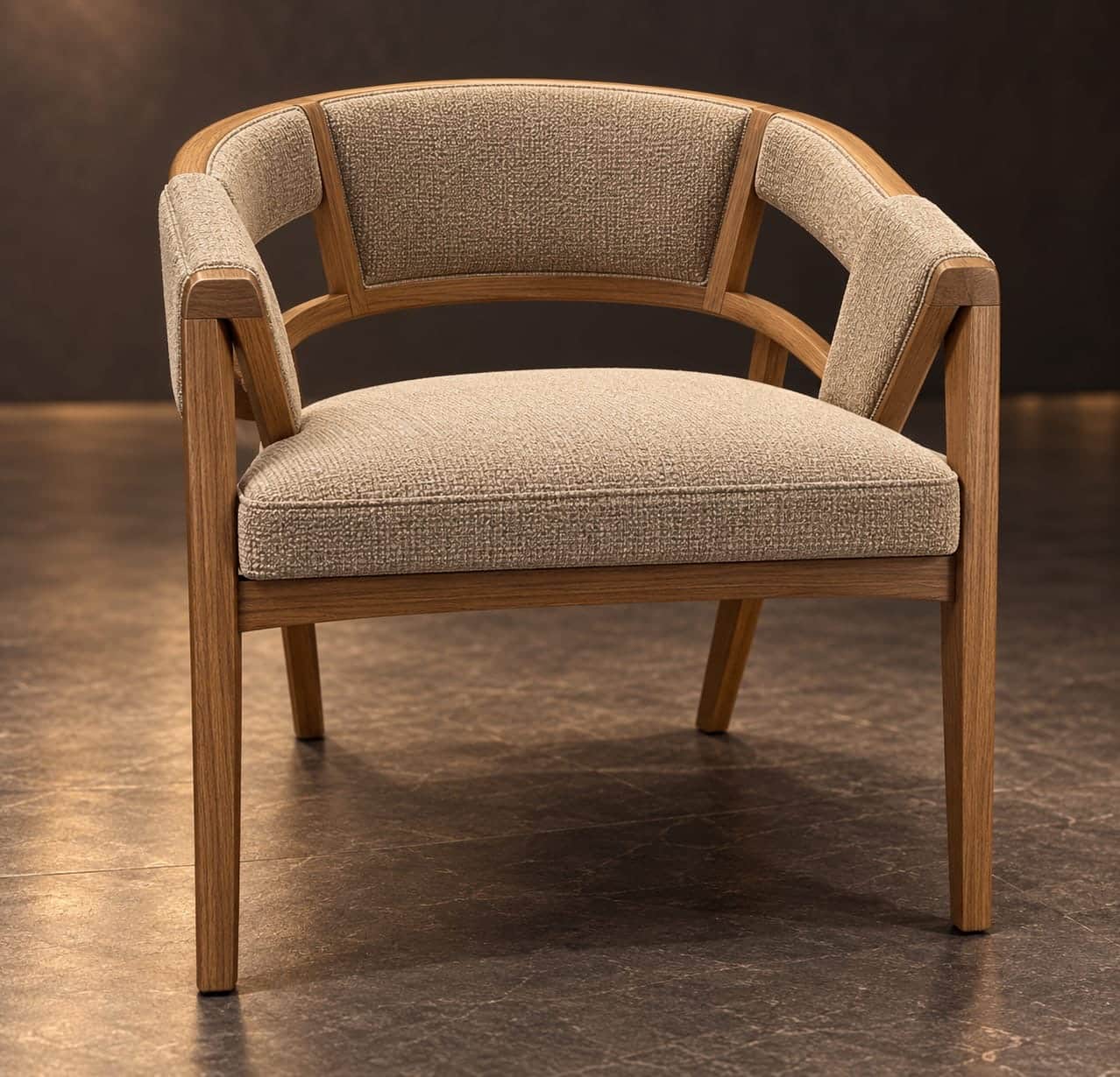 A contemporary upholstered armchair featuring a light wood frame with a curved backrest and armrests… — free FBX 3D model