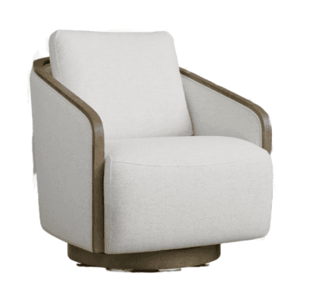 A modern upholstered armchair featuring a full swivel base, light-colored fabric upholstery, and dis… — 3D model