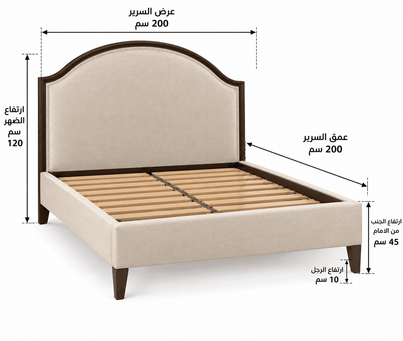 A contemporary bed frame featuring an arched upholstered headboard and a fabric-wrapped bed base, su… — free SKP 3D model