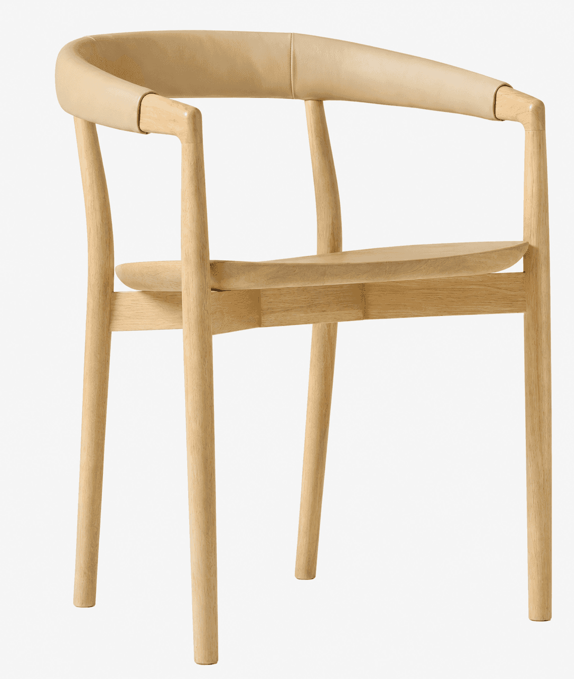 A modern armchair featuring a light-toned solid wood frame and a bentwood backrest wrapped in natura… — 3D model