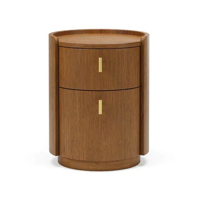 A cylindrical nightstand featuring two drawers with brass bar handles. The unit is constructed from… — free FBX 3D model