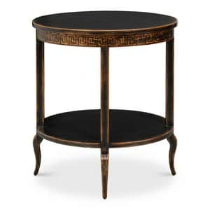 A round, two-tiered side table featuring a black finish with gilded accents and a distinctive Greek… — 3D model