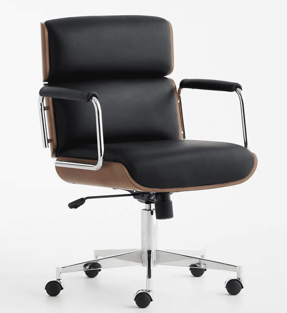 A modern swivel office chair featuring a black padded seat and backrest, supported by a curved bentw… — free BLEND 3D model