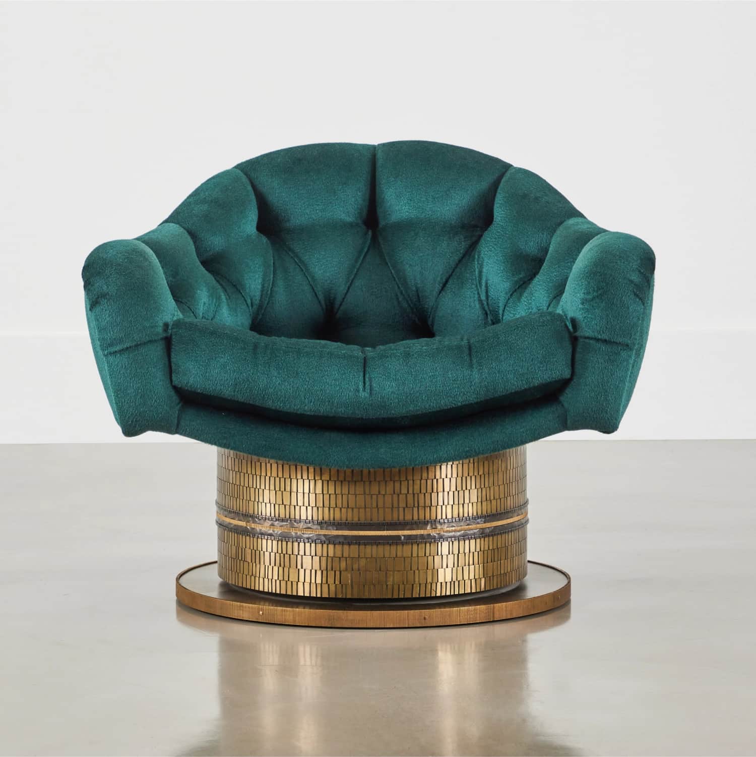 A tufted armchair with a rounded silhouette, upholstered in a deep emerald green velvet fabric. The… — free GLTF 3D model