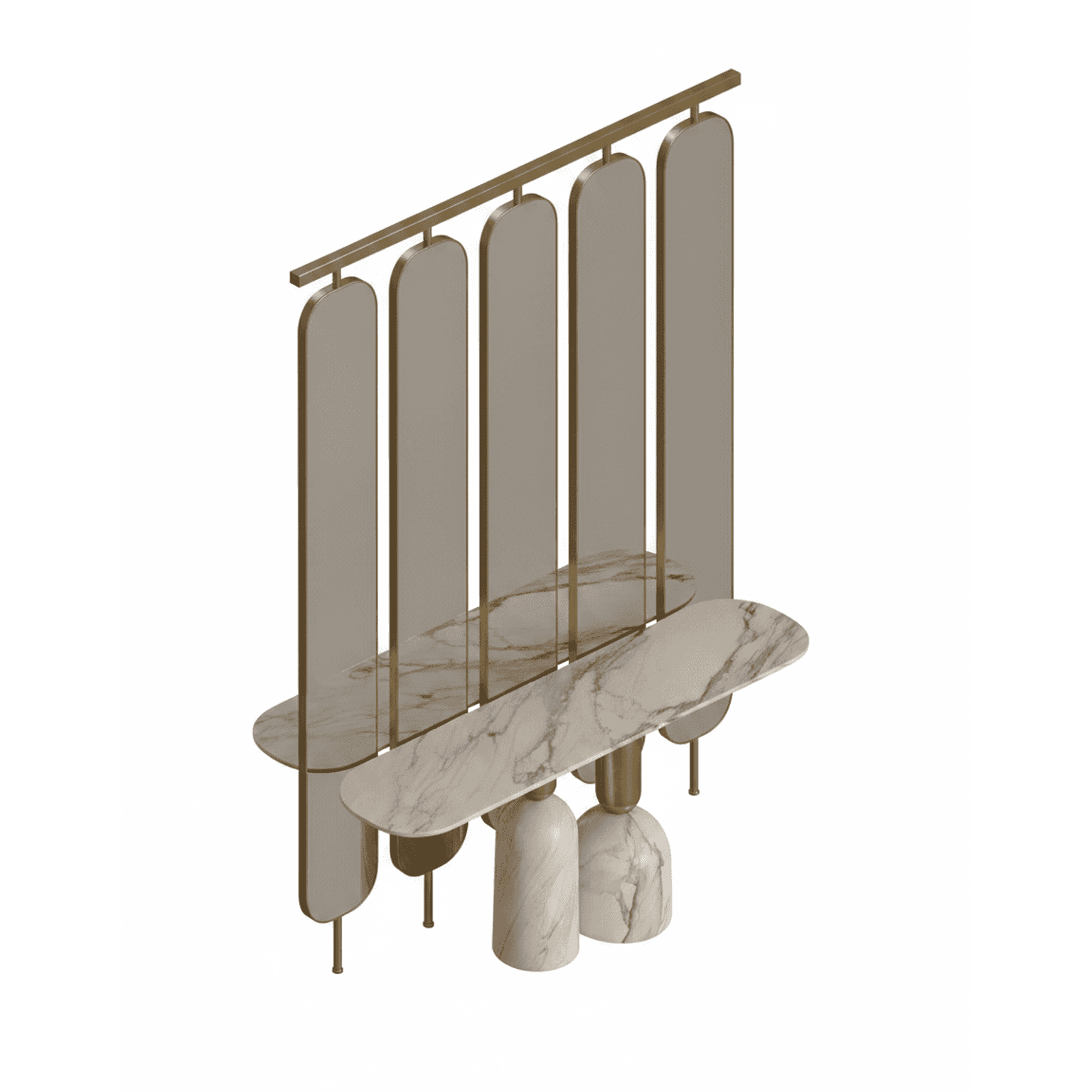 A modern, luxurious console table featuring an integrated decorative screen. The table top and subst… — 3D model