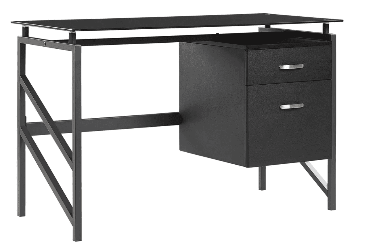 A contemporary desk featuring a black tempered glass top resting on a sturdy black powder-coated met… — 3D model