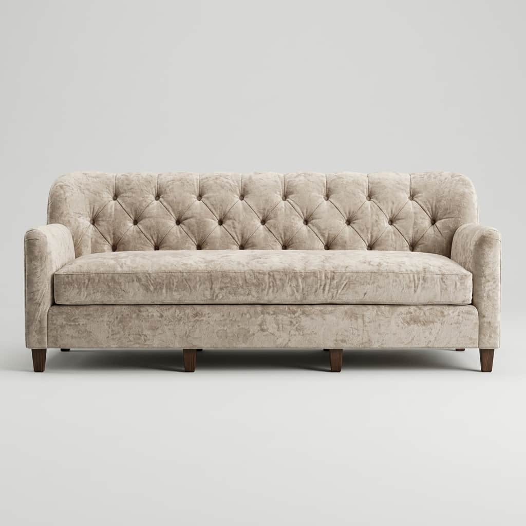 A traditional three-seater sofa featuring deep button tufting across its backrest and inner arms. It… — free SKP 3D model