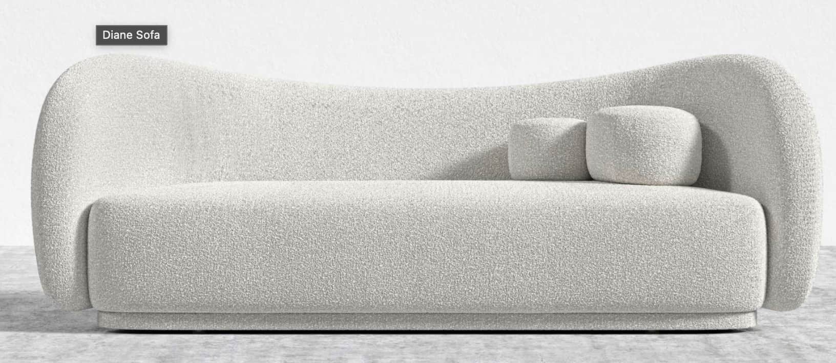A contemporary two-seater sofa, identified as the "Diane Sofa," upholstered in a textured off-white… — 3D model