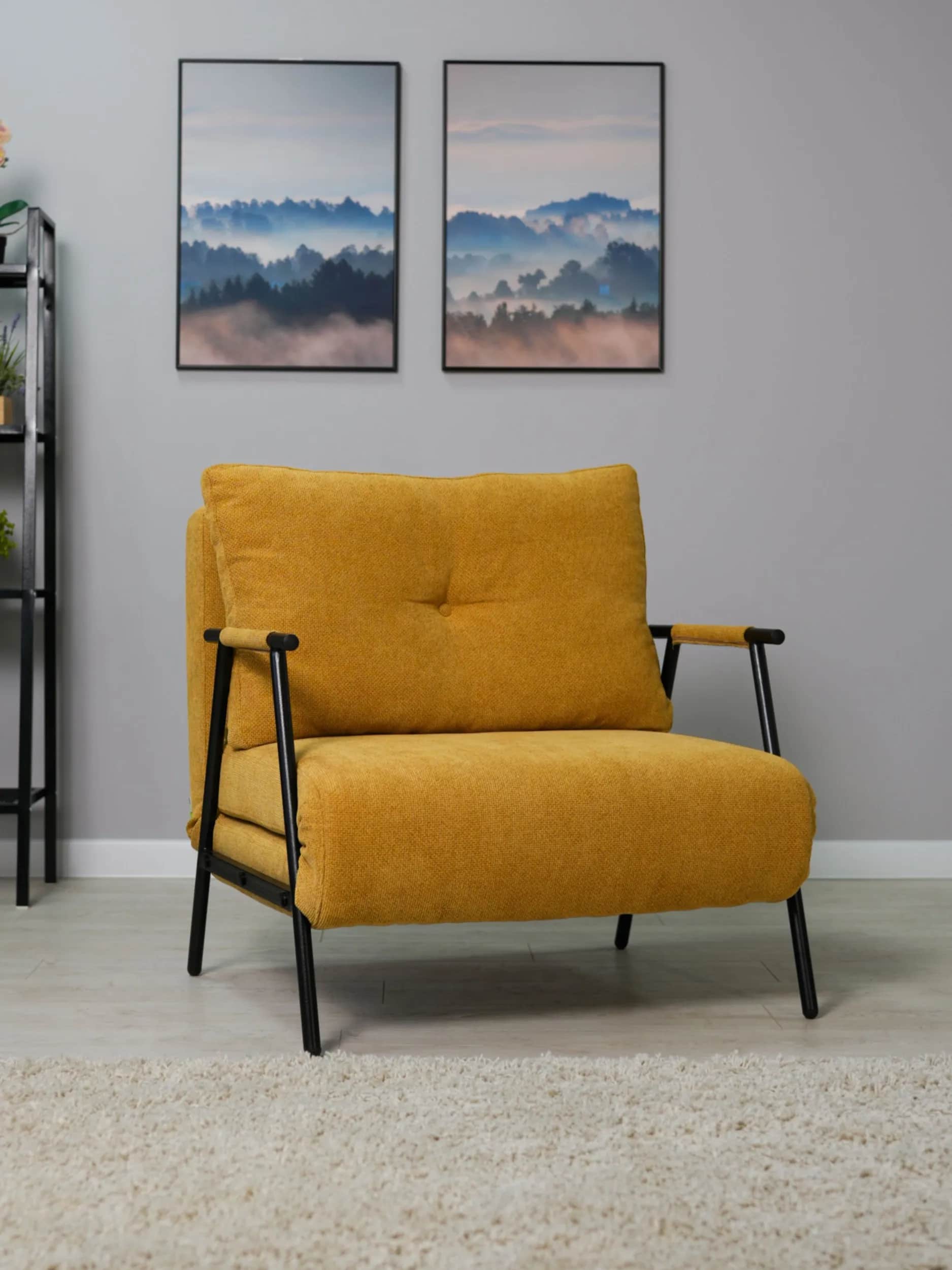 A modern upholstered armchair featuring a bright yellow fabric and a minimalist black metal frame. T… — free OBJ 3D model