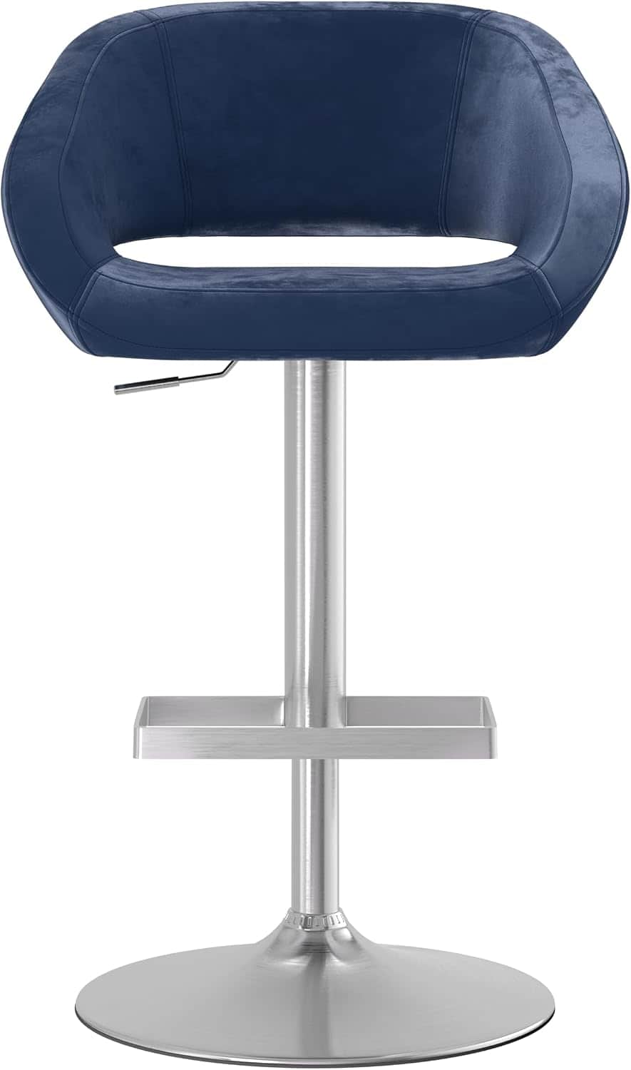 A modern swivel bar stool featuring a bucket-style seat upholstered in dark blue velvet, mounted on… — 3D model