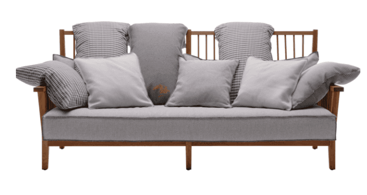 A contemporary loveseat featuring an exposed wooden frame with a slatted backrest. It includes a sin… — 3D model