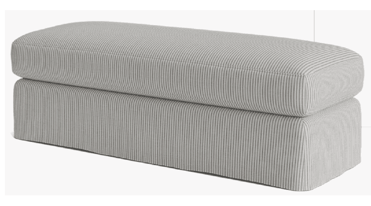 A rectangular upholstered ottoman or bench, featuring a separate, plush top cushion and a matching s… — 3D model