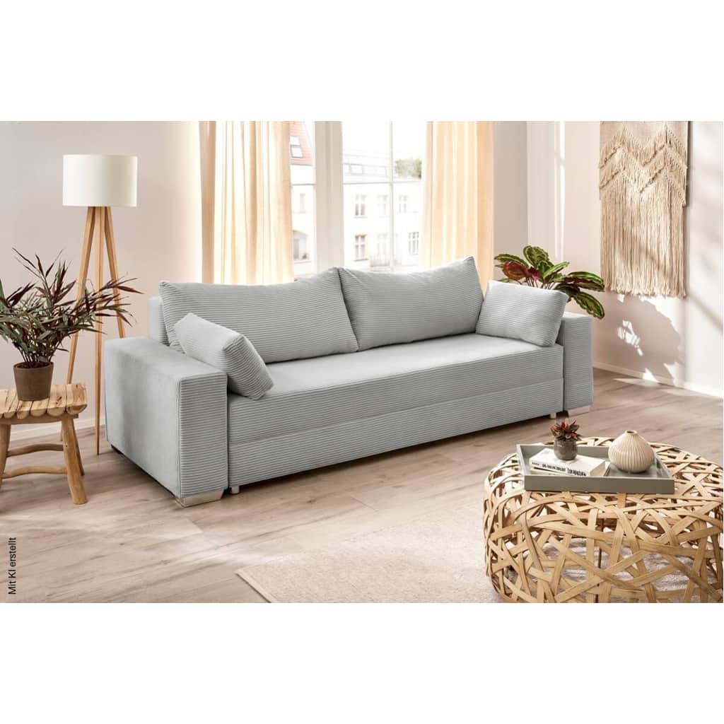 A modern two-seater sofa upholstered in a light grey ribbed fabric, featuring wide rectangular arms… — 3D model