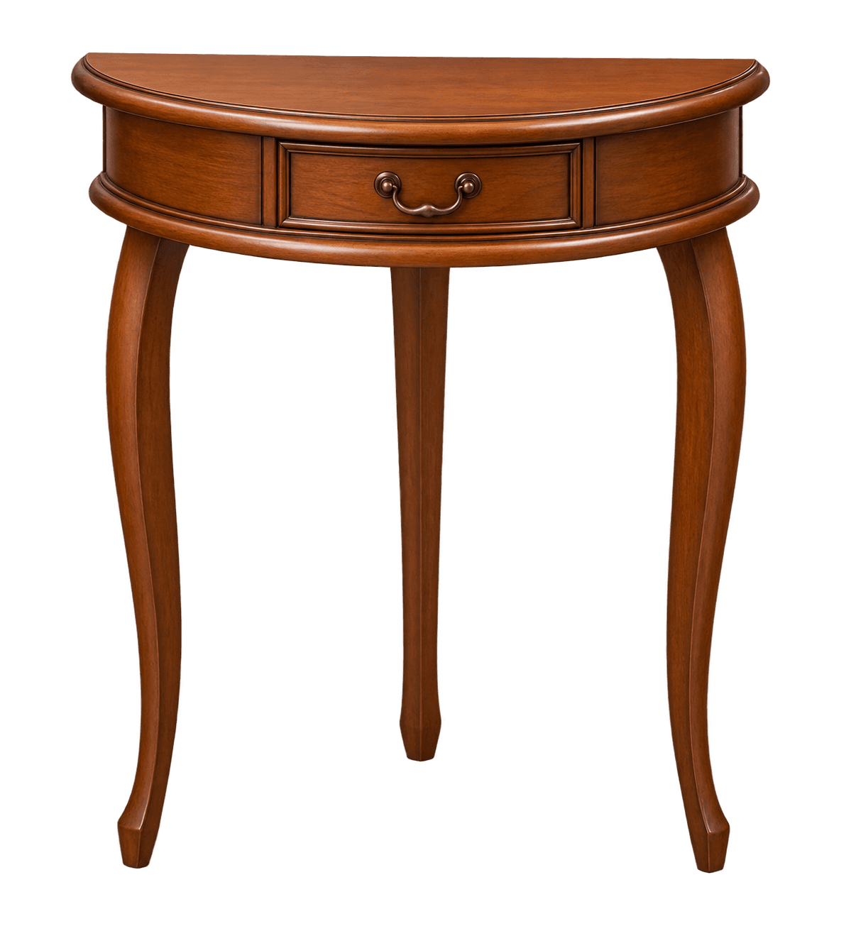 A traditional half-round wooden console table featuring a single drawer with an antique brass pull a… — 3D model