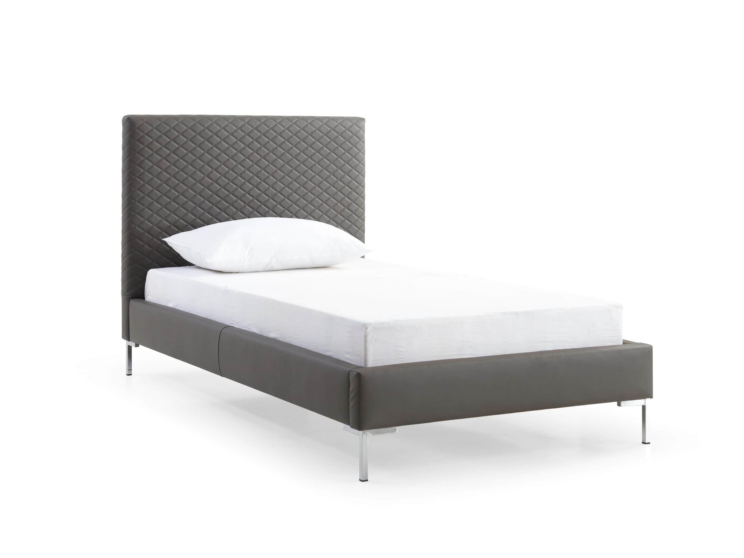 A modern single bed featuring a tall, rectangular headboard and frame upholstered in a dark grey mat… — 3D model