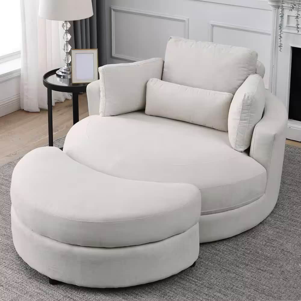A contemporary, oversized round chaise lounge, upholstered in light-colored fabric, featuring a deep… — free OBJ 3D model