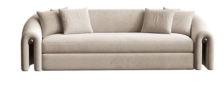 A contemporary upholstered sofa featuring a light beige, textured fabric. It has distinctive rounded… — 3D model