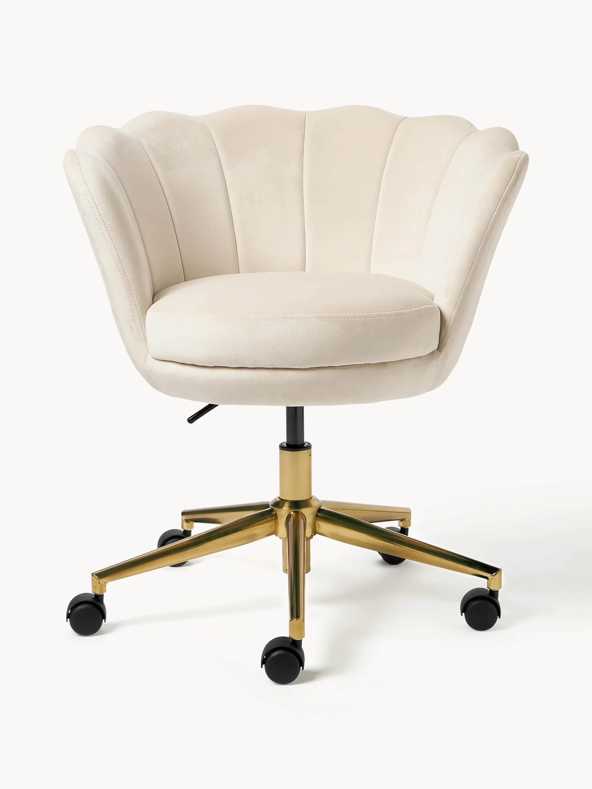 A cream-colored velvet office chair featuring a distinctive scalloped backrest design and a plush ro… — 3D model