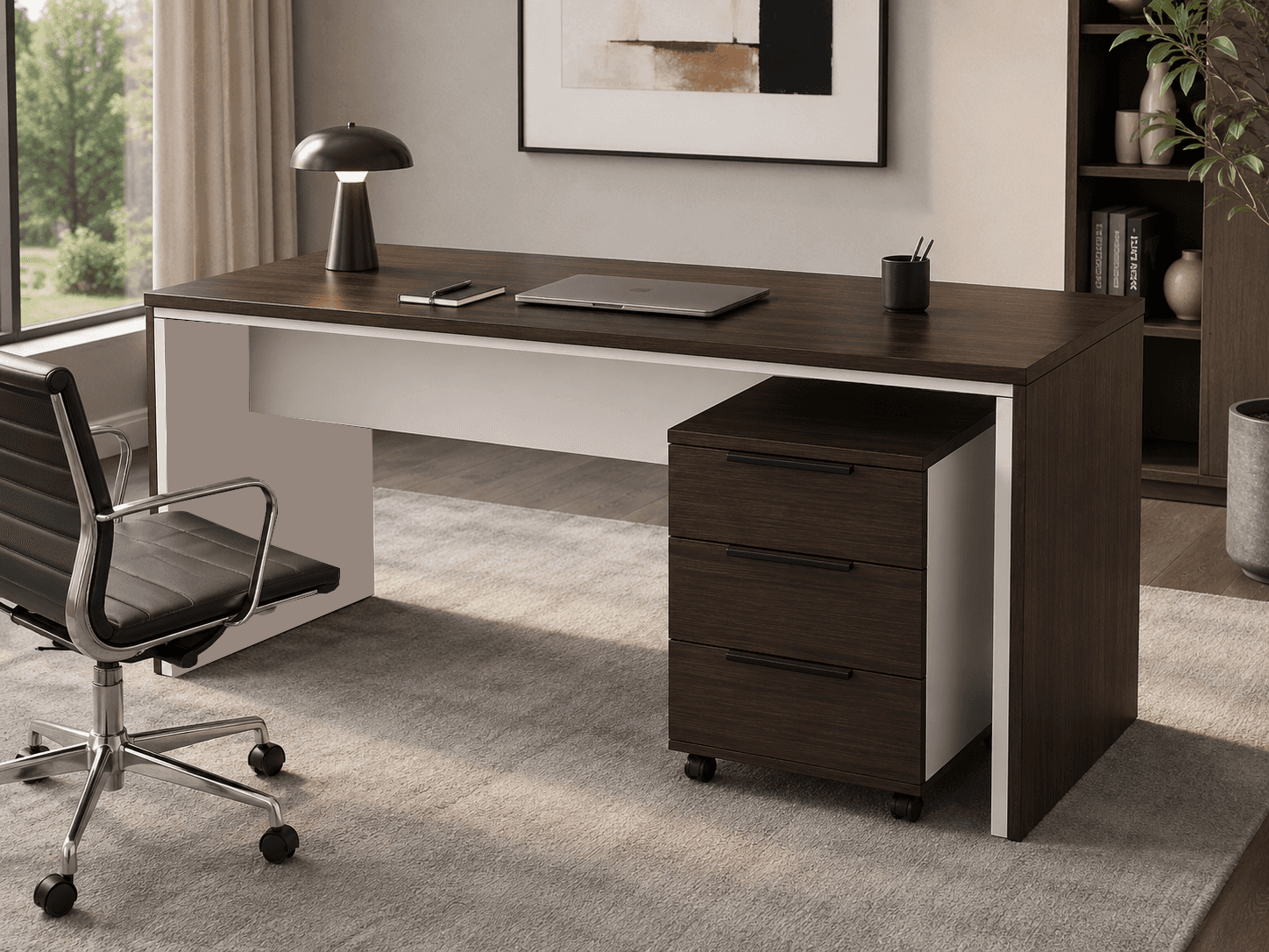 A modern rectangular office desk featuring a dark brown wood-grain finish top and side panel, contra… — 3D model