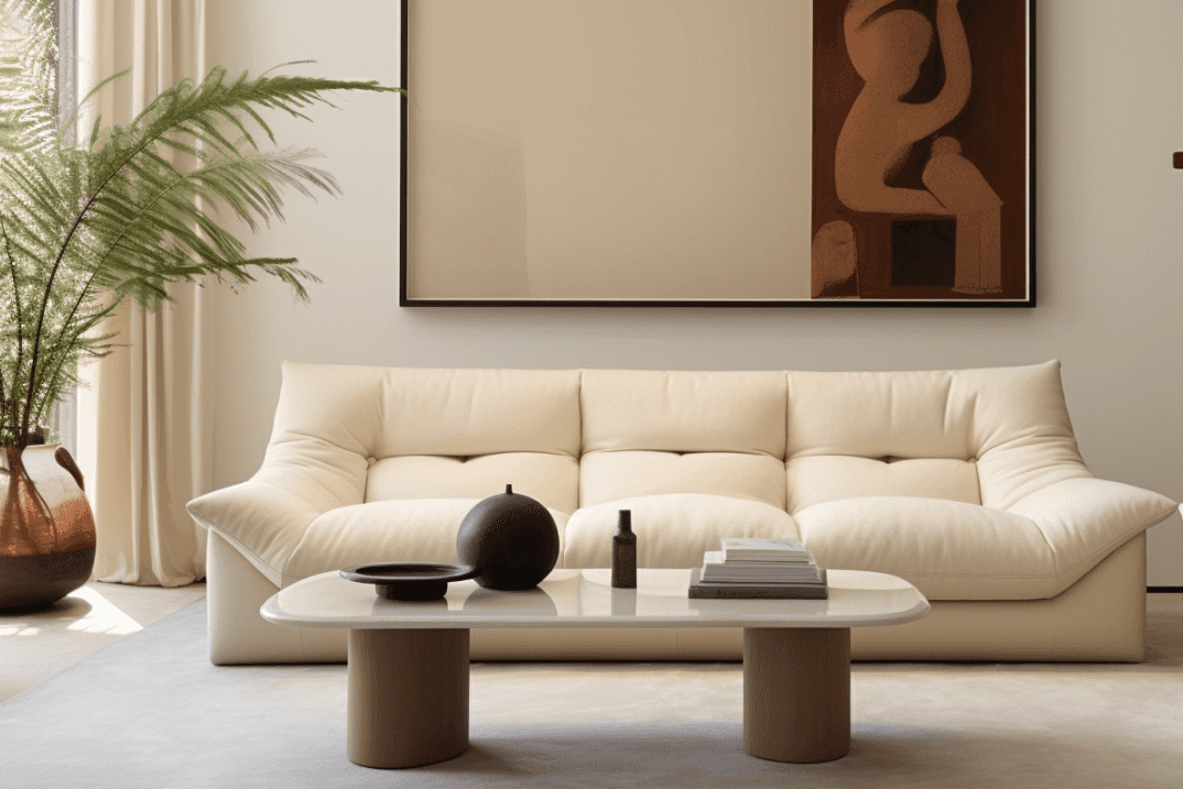A modern three-seater sofa with plump, integrated cushions, upholstered in a light beige or off-whit… — 3D model
